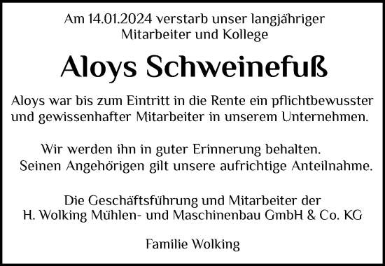 Anzeige von Aloys Schweinefuß von OM-Medien