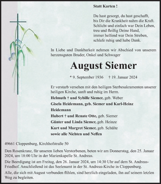 Anzeige von August Siemer von OM-Medien