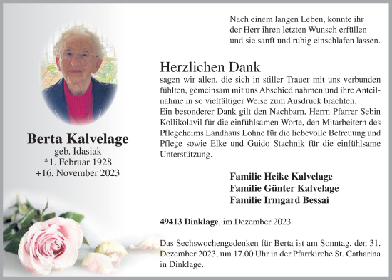 Anzeige von Berta Kalvelage von OM-Medien