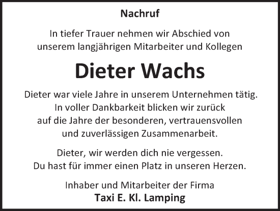 Anzeige von Dieter Wachs von OM-Medien