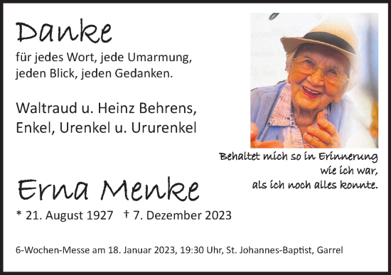 Anzeige von Erna Menke von OM-Medien