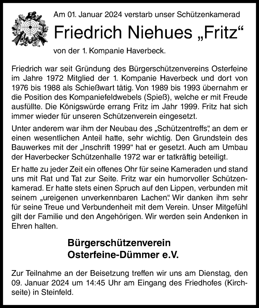  Traueranzeige für Friedrich Niehues vom 06.01.2024 aus OM-Medien