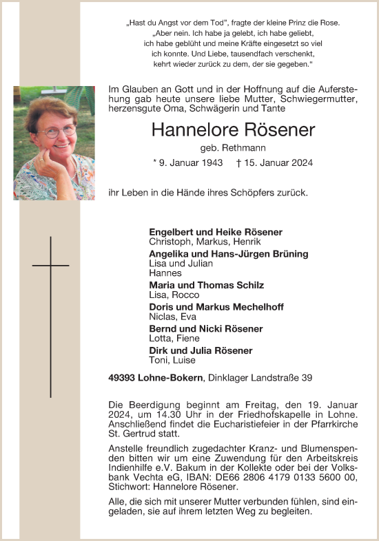 Anzeige von Hannelore Rösener von OM-Medien