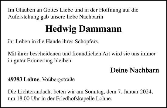 Anzeige von Hedwig Dammann von OM-Medien