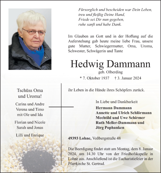 Anzeige von Hedwig Dammann von OM-Medien