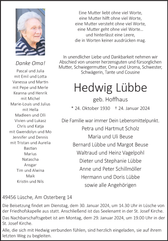 Anzeige von Hedwig Lübbe von OM-Medien