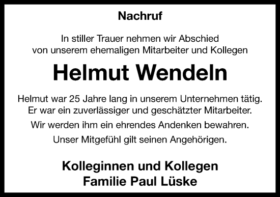 Anzeige von Helmut Wendeln von OM-Medien
