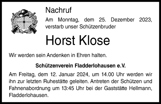 Anzeige von Horst Klose von OM-Medien