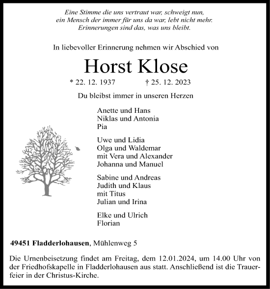 Anzeige von Horst Klose von OM-Medien