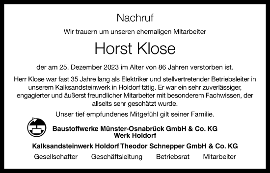 Anzeige von Horst Klose von OM-Medien