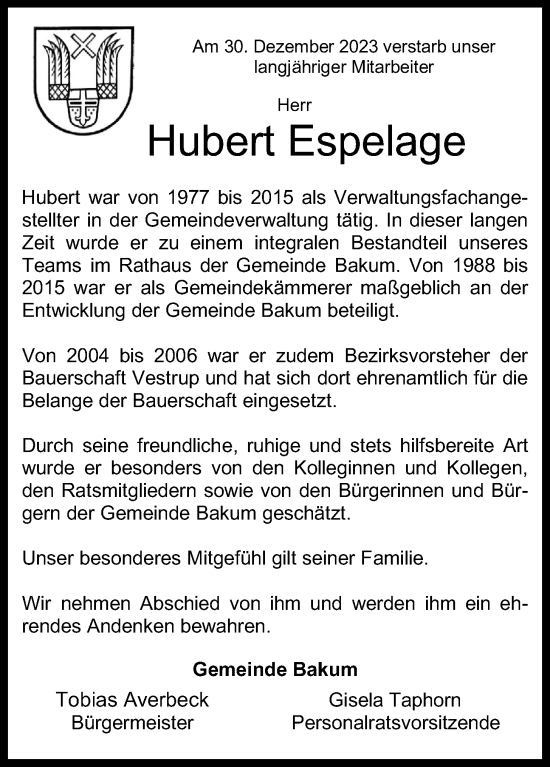 Anzeige von Hubert Espelage von OM-Medien