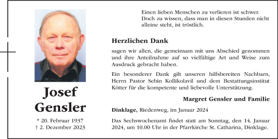 Anzeige von Josef Gensler von OM-Medien