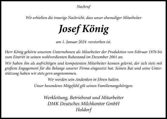 Anzeige von Josef König von OM-Medien