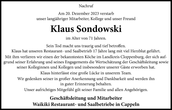 Anzeige von Klaus Sondowski von OM-Medien