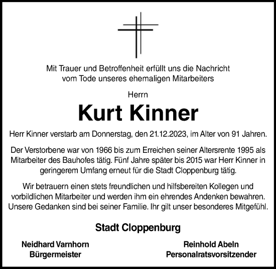 Anzeige von Kurt Kinner von OM-Medien