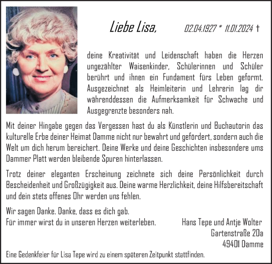 Anzeige von Lisa Tepe von OM-Medien