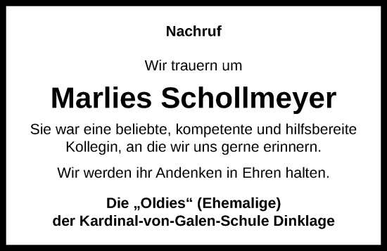 Anzeige von Marlies Schollmeyer von OM-Medien