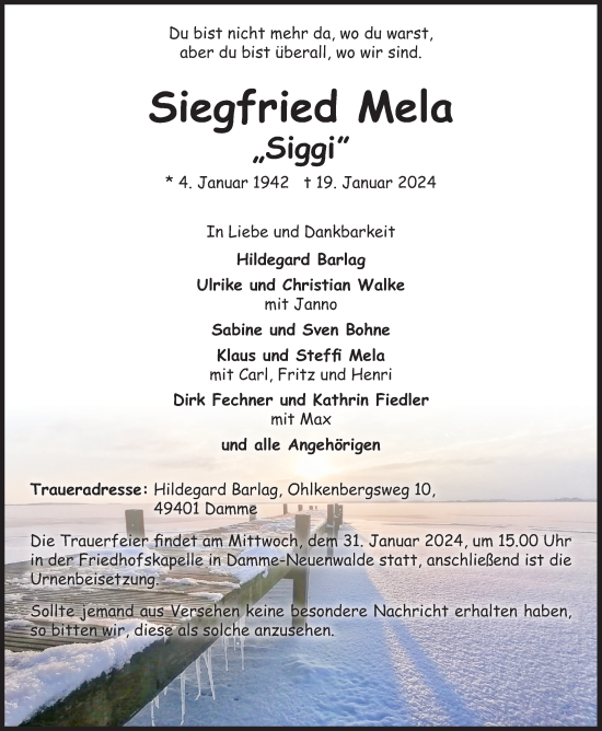 Anzeige von Siegfried Mela von OM-Medien