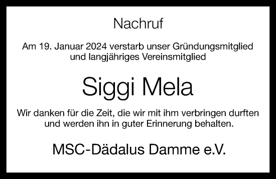 Anzeige von Siggi Mela von OM-Medien