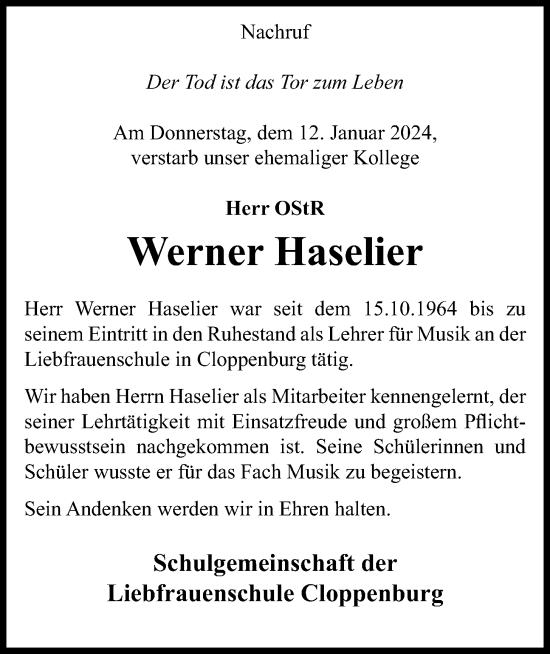 Anzeige von Werner Haselier von OM-Medien