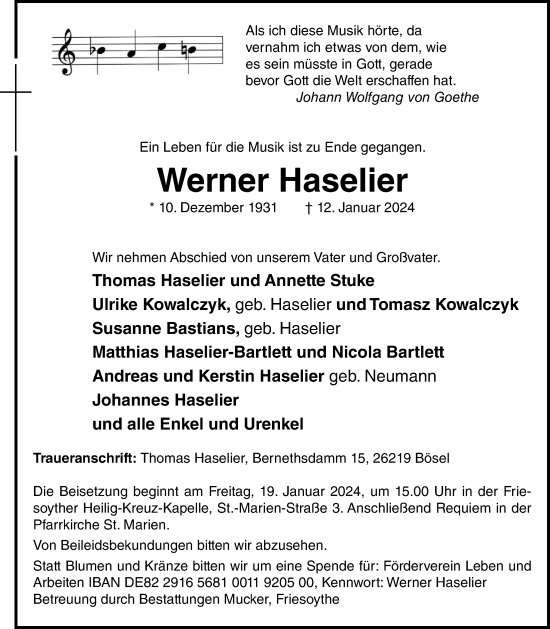 Anzeige von Werner Haselier von OM-Medien