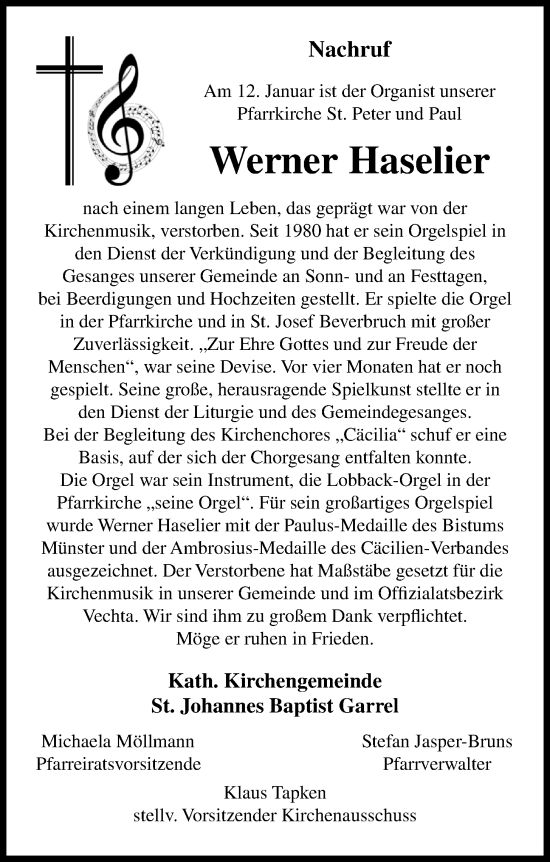 Anzeige von Werner Haselier von OM-Medien