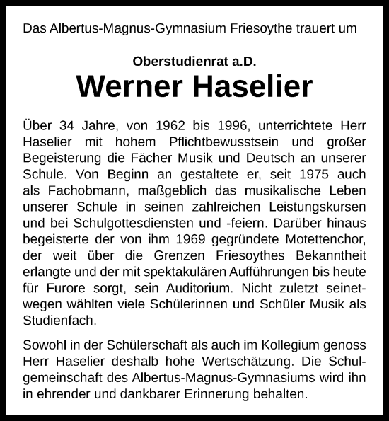 Anzeige von Werner Haselier von OM-Medien