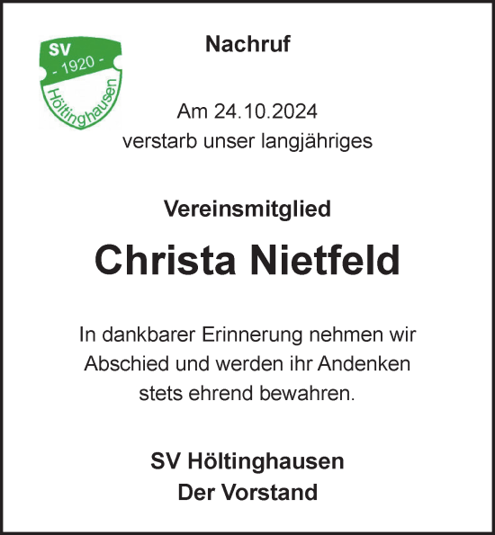 Anzeige von Christa Nietfeld von OM-Medien