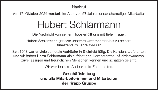 Anzeige von Hubert Schlarmann von OM-Medien