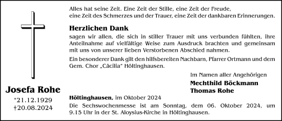 Anzeige von Josefa Rohe von OM-Medien