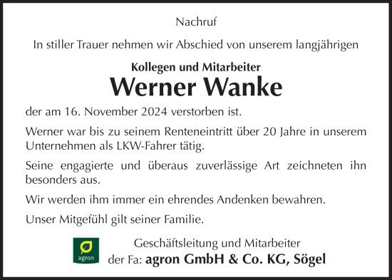 Anzeige von Werner Wanke von OM-Medien
