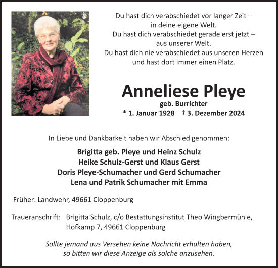 Anzeige von Anneliese Pleye von OM-Medien