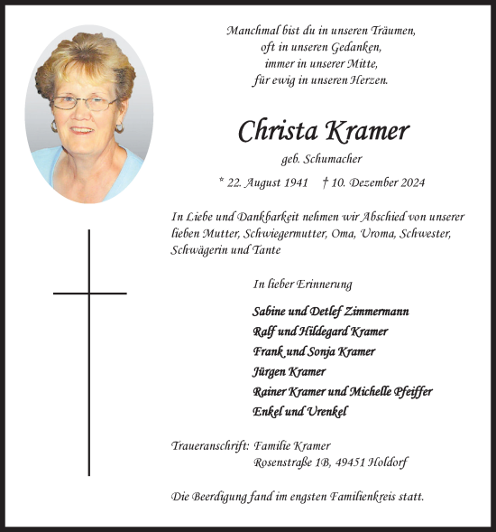 Anzeige von Christa Kramer von OM-Medien