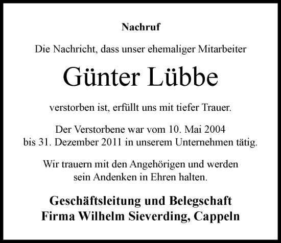 Anzeige von Günter Lübbe von OM-Medien