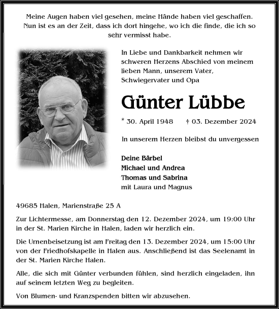 Anzeige von Günter Lübbe von OM-Medien