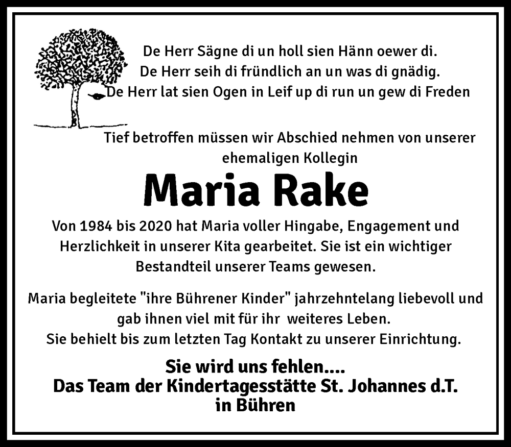  Traueranzeige für Maria Rake vom 14.12.2024 aus OM-Medien