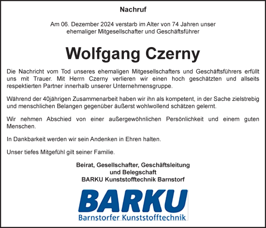Anzeige von Wolfgang Czerny von OM-Medien