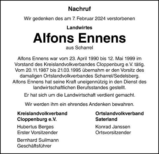 Anzeige von Alfons Ennens von OM-Medien