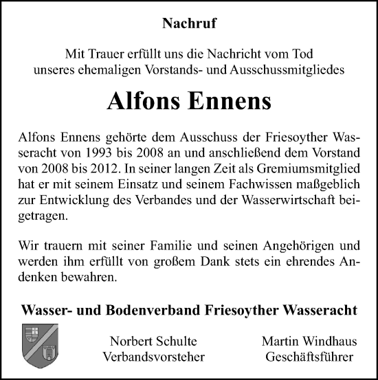 Anzeige von Alfons Ennens von OM-Medien