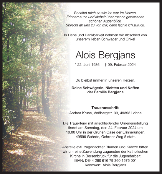 Anzeige von Alois Bergjans von OM-Medien