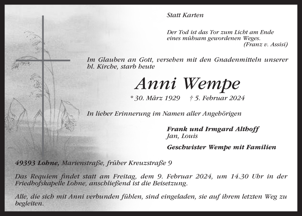  Traueranzeige für Anni Wempe vom 07.02.2024 aus OM-Medien