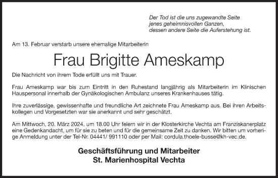 Anzeige von Brigitte Ameskamp von OM-Medien