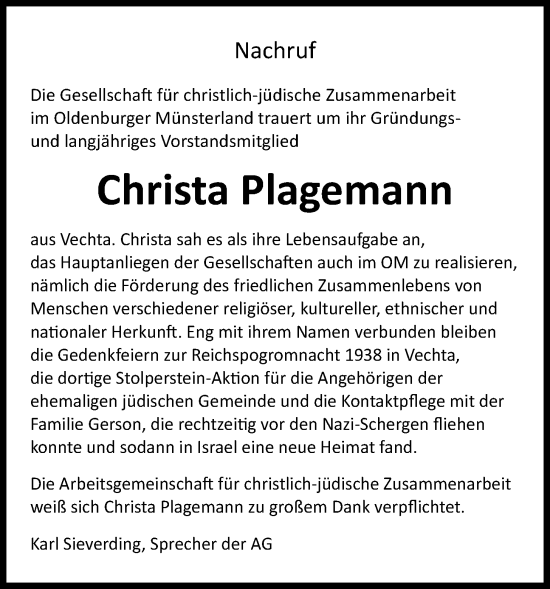 Anzeige von Christa Plagemann von OM-Medien