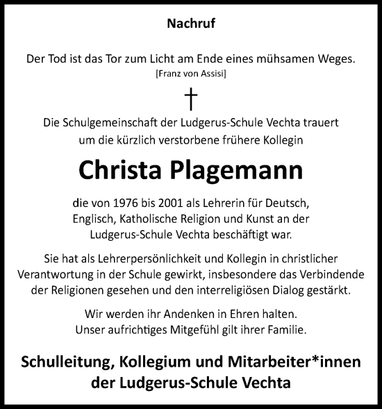 Anzeige von Christa Plagemann von OM-Medien