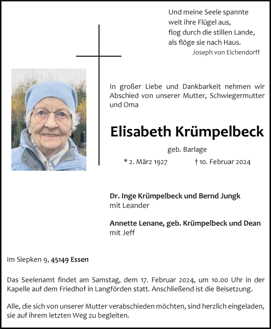 Anzeige von Elisabeth Krümpelbeck von OM-Medien