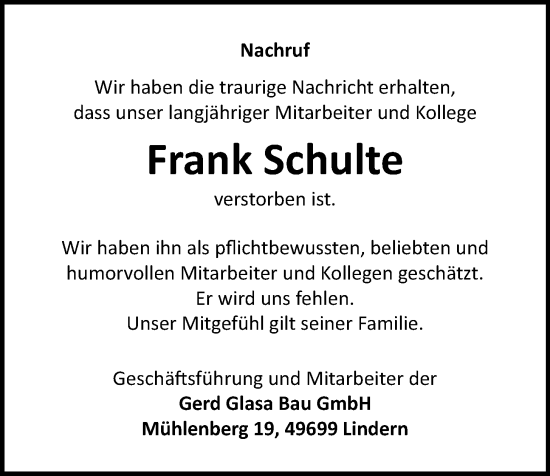 Anzeige von Frank Schulte von OM-Medien