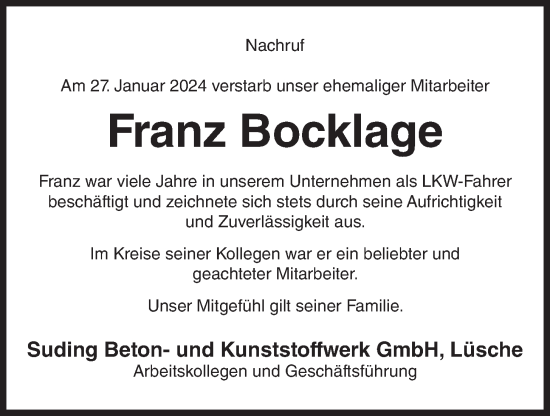 Anzeige von Franz Bocklage von OM-Medien