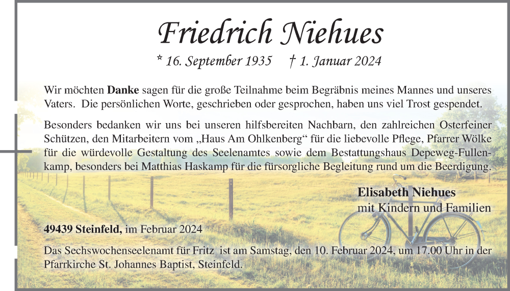  Traueranzeige für Friedrich Niehues vom 09.02.2024 aus OM-Medien