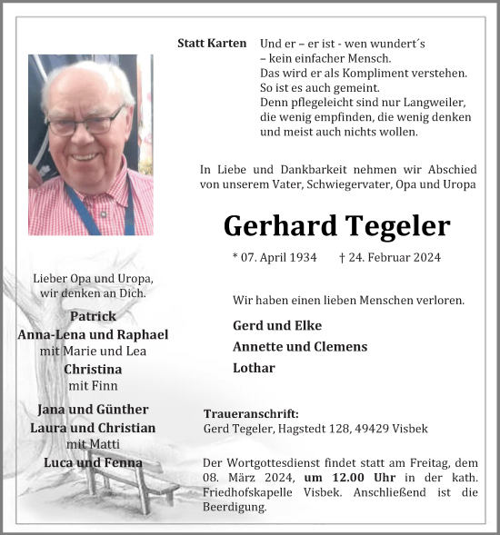Anzeige von Gerhard Tegeler von OM-Medien