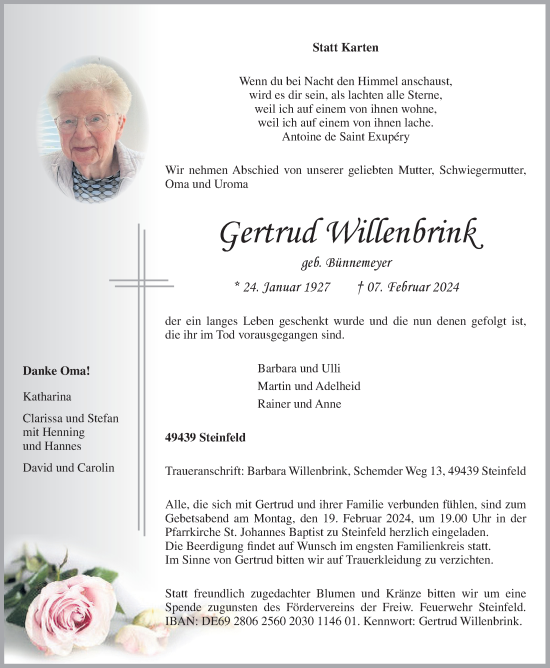 Anzeige von Gertrud Willenbrink von OM-Medien